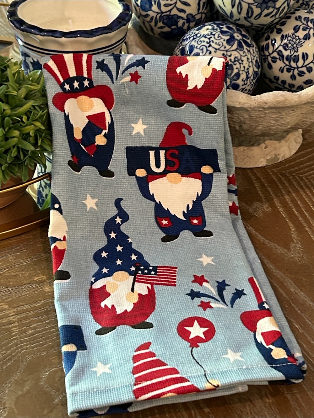 NEW! Americans Patriotic Gnome Kitchen Hand Towel Red White Blue Stars & Stripes